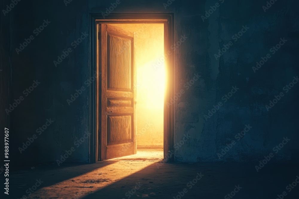 A dark room with light flooding through an open wooden door A dark room with light flooding through an open wooden door
