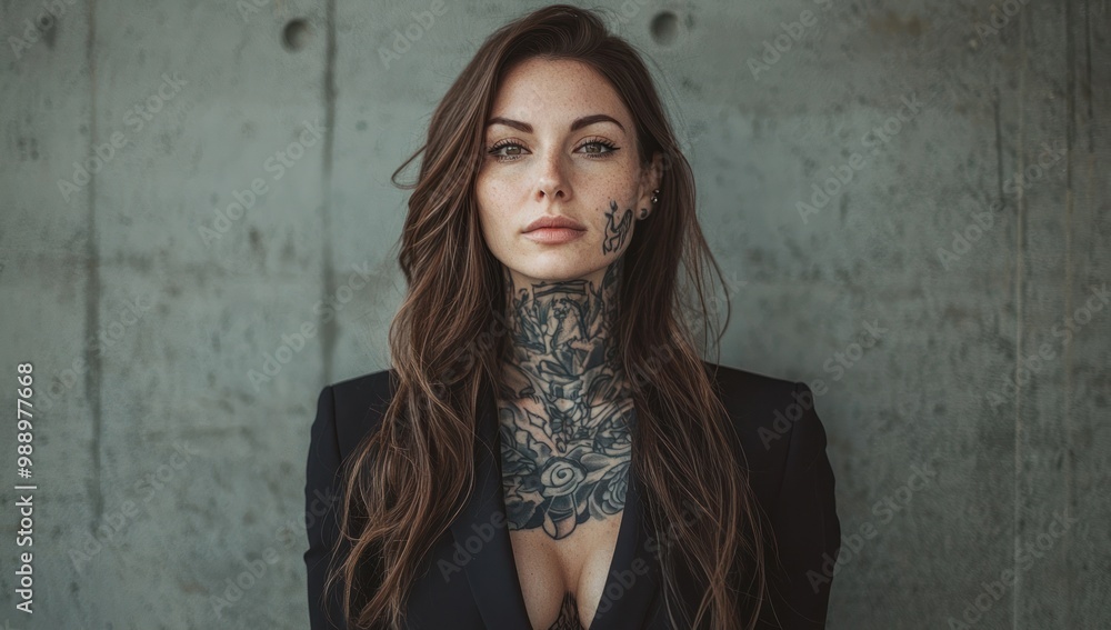 Naklejka premium Trendy hispanic female model, with long hair, wearing plain black t-shirt and black blazer jacket over the top, tattoos and jewelry , woman with bad girl vibes over dark foggy background
