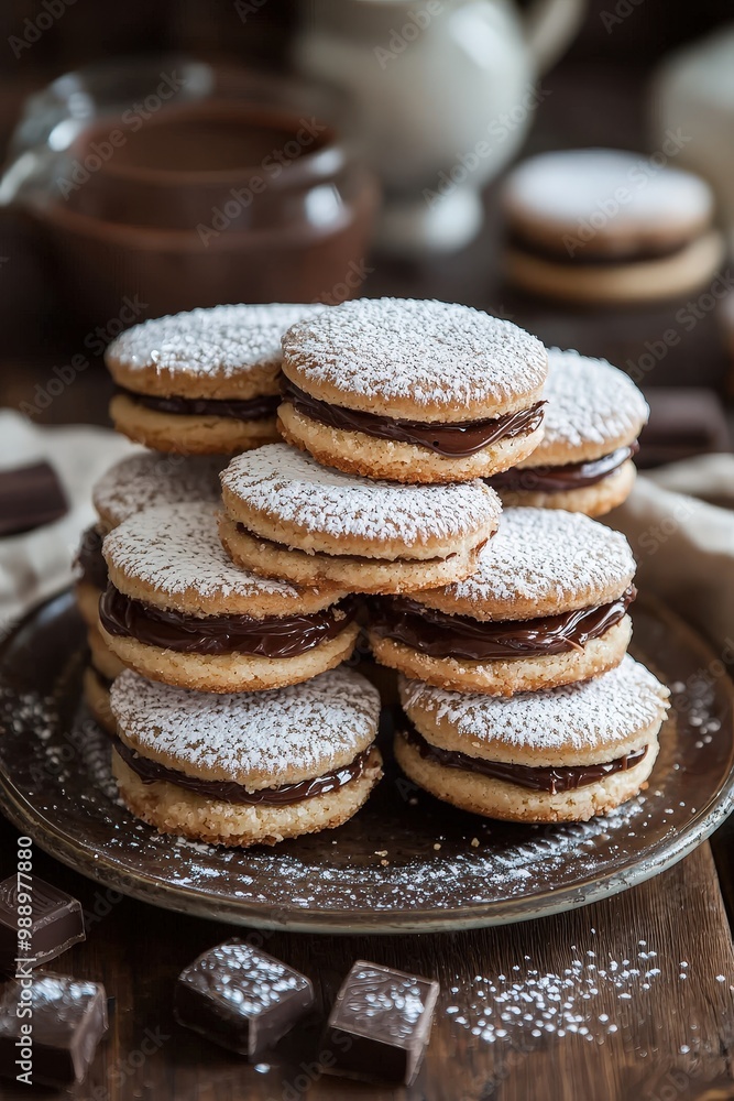Delicious Alfajores - Traditional Argentinian Sweet Sandwich Cookies Filled with Dulce de Leche and Coated in Decadent Chocolate or Powdered Sugar Delicious Alfajores - Traditional Argentinian Sweet Sandwich Cookies Filled with Dulce de Leche and Coated in Decadent Chocolate or Powdered Sugar