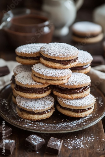 Delicious Alfajores - Traditional Argentinian Sweet Sandwich Cookies Filled with Dulce de Leche and Coated in Decadent Chocolate or Powdered Sugar