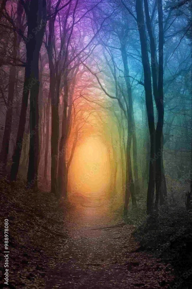 Obraz premium An archway leading into a rainbow-colored , misty, glowing forest, symbolizing stepping into the unknown with a vibrant, curious mindset. 