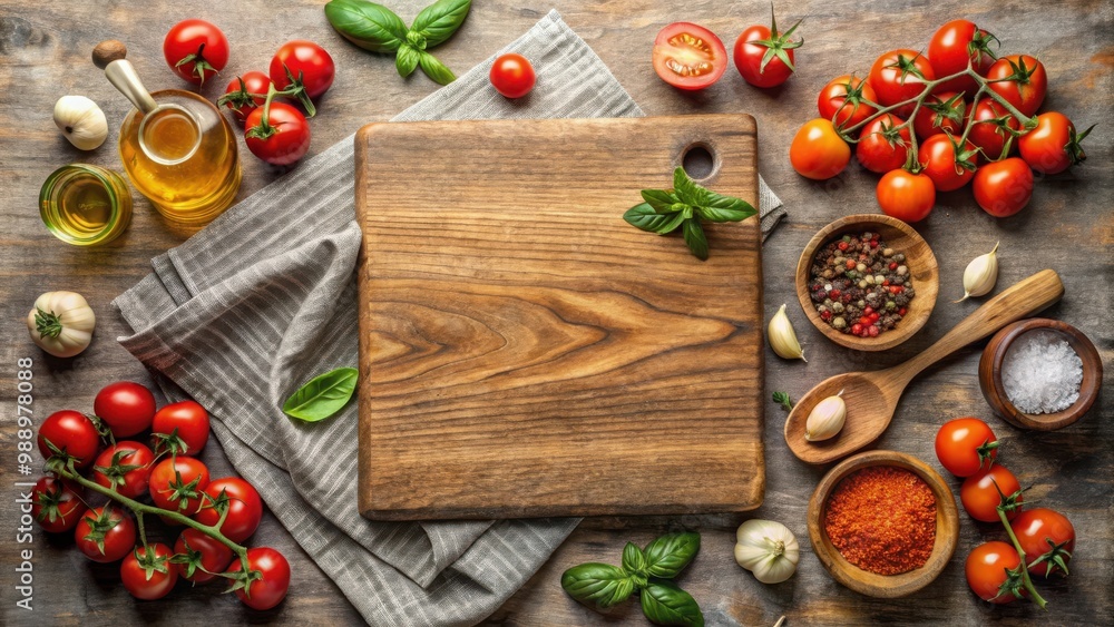 Food mockup composition with a wooden board, cooking ingredients, and tomatoes on textile for a menu display Food mockup composition with a wooden board, cooking ingredients, and tomatoes on textile for a menu display