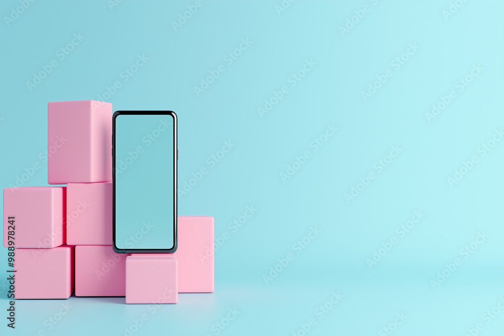 Smartphone Mockup with Pink Cubes on Blue Background Smartphone Mockup with Pink Cubes on Blue Background