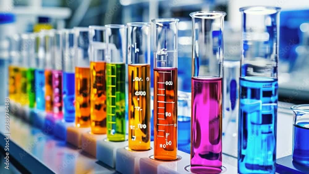 A collection of colorful liquids in test tubes, showcasing a scientific experiment. A collection of colorful liquids in test tubes, showcasing a scientific experiment.