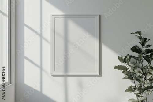 Wallpaper Mural A minimalist empty picture frame hangs on a plain wall, casting a subtle shadow, with a potted plant nearby and sunlight streaming through a window. Calm and tranquil scene. Torontodigital.ca