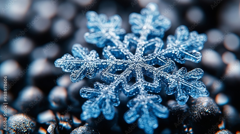 A Macro Perspective of a Delicate Blue Snowflake on a Glittering Surface A Macro Perspective of a Delicate Blue Snowflake on a Glittering Surface