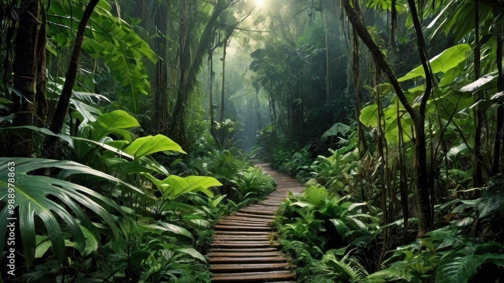 Fototapeta premium A tropical rainforest path leading into the dense jungle, lined with exotic plants, massive trees covered in vines, and mysterious shadows, inviting an adventurous journey into the unknown.