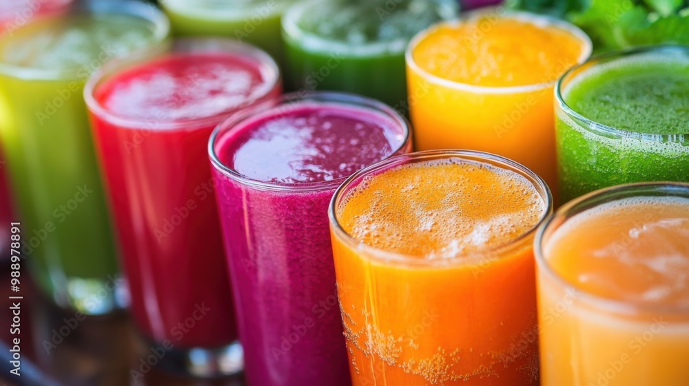 Macro shot of a variety of freshly squeezed juices in colorful glasses, highlighting the health benefits and visual appeal of natural beverages Macro shot of a variety of freshly squeezed juices in colorful glasses, highlighting the health benefits and visual appeal of natural beverages