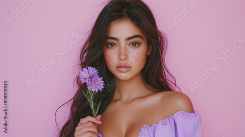 portrait of a woman in the lavender dress with a flower in her hand on the light pink background
