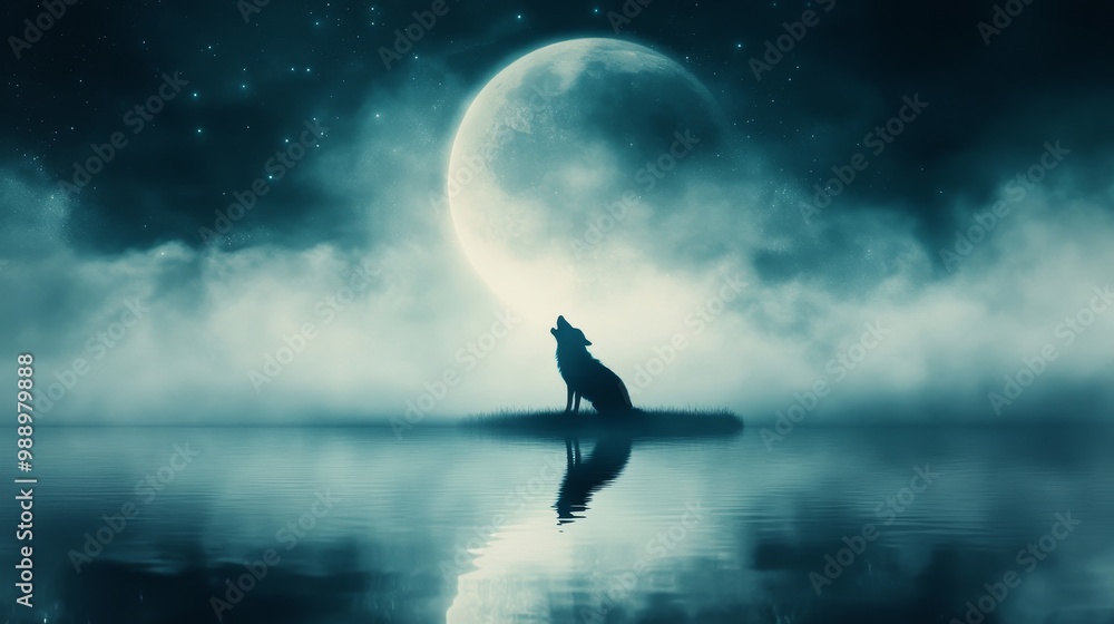 Wolf howling at a crescent moon over a serene lake, the moonlight reflecting on the calm water surface, wolf, night, reflection Wolf howling at a crescent moon over a serene lake, the moonlight reflecting on the calm water surface, wolf, night, reflection