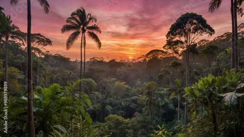 A serene tropical rainforest scene at sunset, with the sky painted in shades of pink and orange, the shadows of tall trees stretching across the forest floor, and the sound of distant wildlife photo