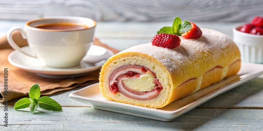 Delicious strawberry and lemon jam swiss roll with a cup of coffee on the side Delicious strawberry and lemon jam swiss roll with a cup of coffee on the side
