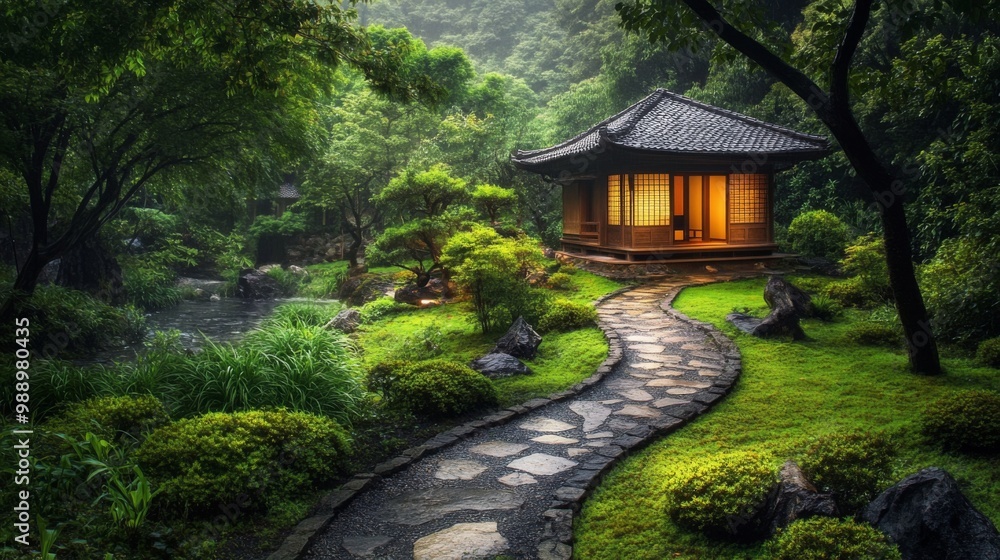 A picturesque scene of a Japanese tea house nestled among lush greenery, with a stone pathway leading to the entrance, embodying peace and harmony with nature. A picturesque scene of a Japanese tea house nestled among lush greenery, with a stone pathway leading to the entrance, embodying peace and harmony with nature.