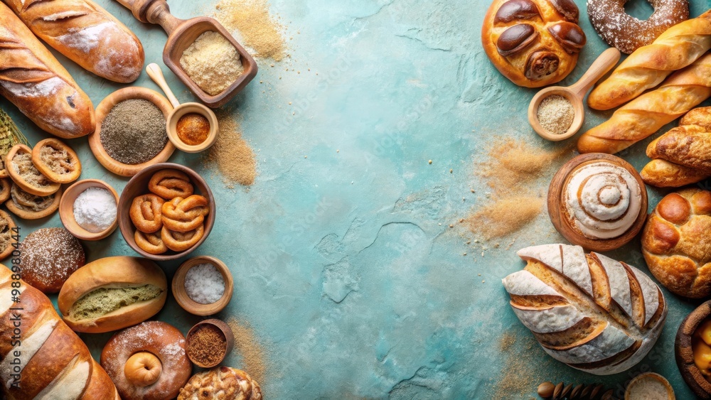 A variety of freshly baked goods made from dough on a pastel background with copy space A variety of freshly baked goods made from dough on a pastel background with copy space