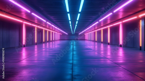 3D Neon Lights in a Dark Tunnel Abstract Background