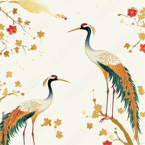 Luxury gold oriental style background vector. Chinese and Japanese wallpaper pattern design of elegant crane birds, with watercolor texture. Design illustration for decoration, wall decor.