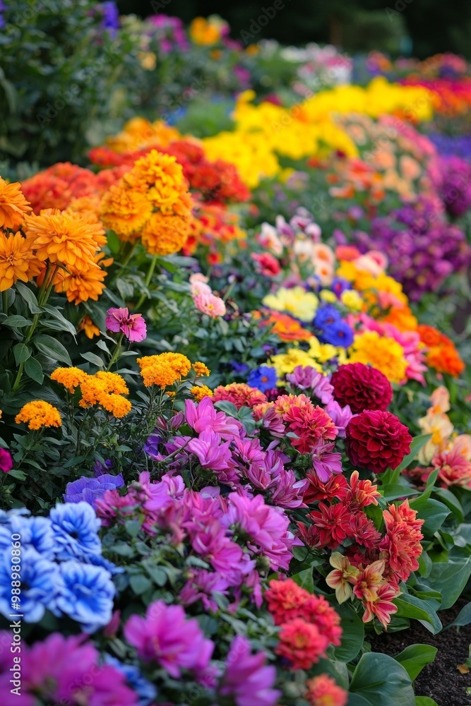 A rainbow of vibrant flowers arranged symmetrically in a garden bed. A rainbow of vibrant flowers arranged symmetrically in a garden bed.