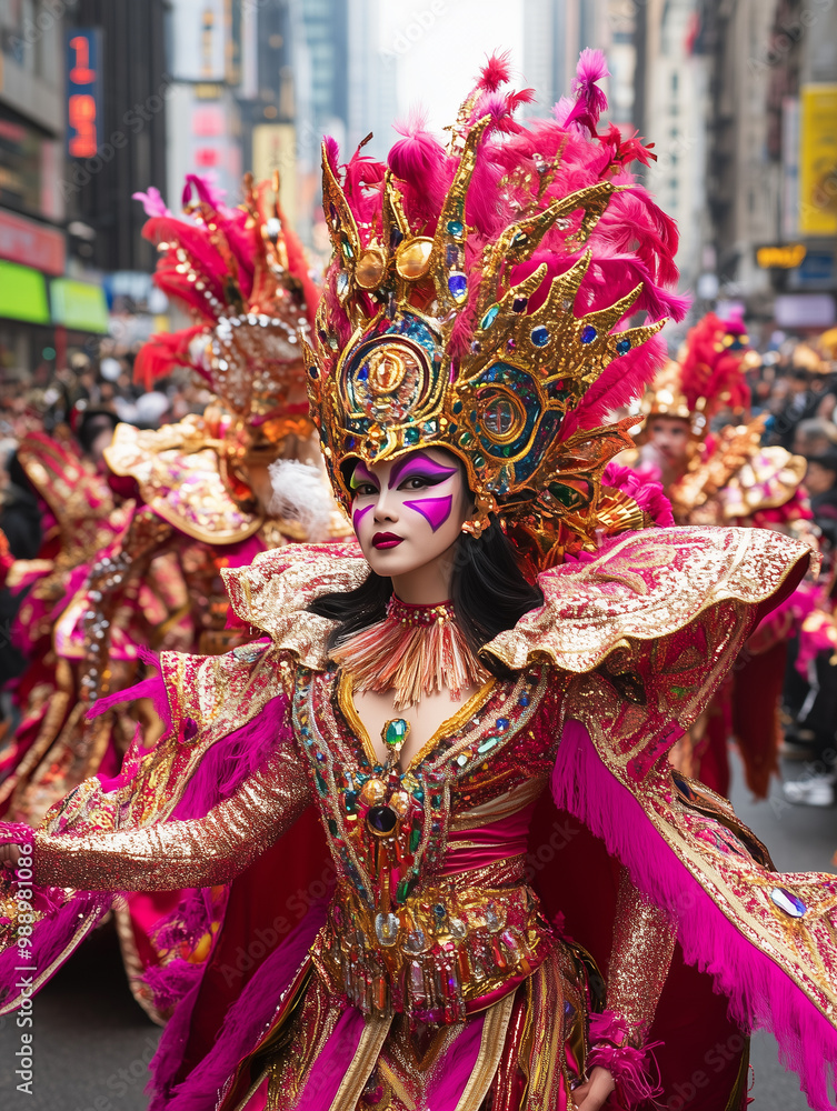 A grand New Year’s Day parade with elaborate costumes, dancers, and vibrant floats.A woman in a vibrant costume is joyfully dancing in a parade A grand New Year’s Day parade with elaborate costumes, dancers, and vibrant floats.A woman in a vibrant costume is joyfully dancing in a parade