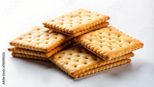 Salted crackers on a plain white background isolated, close-up shot with space for text