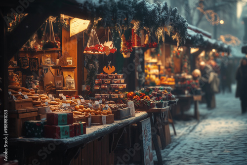 A festive outdoor market with stalls selling holiday treats, gifts, and hot beverages.