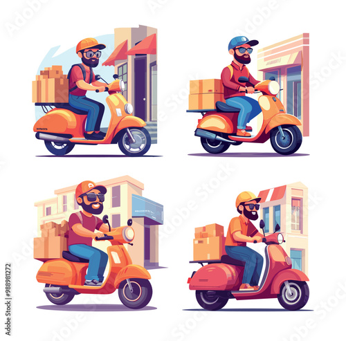 Delivery courier cartoon vector scenes. Bearded man helmet boxes packages scooterist motorcycle vehicle riding person character logistic services, isolated illustration on white background
