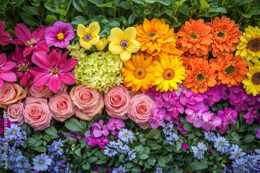 A rainbow of vibrant flowers arranged symmetrically in a garden bed. A rainbow of vibrant flowers arranged symmetrically in a garden bed.