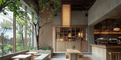 Minimalist Japanese-style cafÃ© with clean wood lines, neutral tones, and a peaceful ambiance