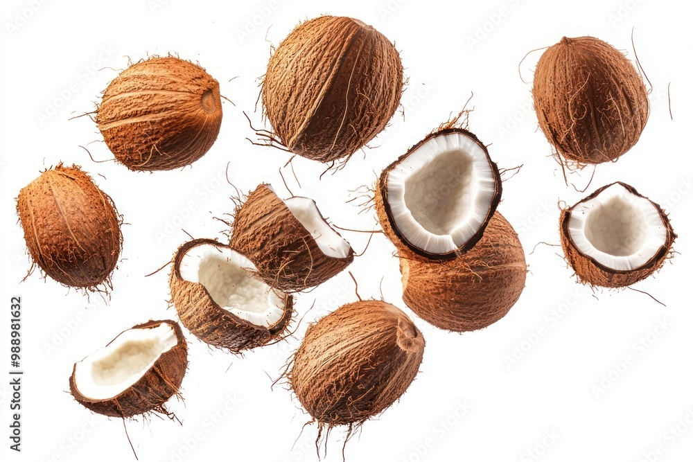 Flying coconuts background fruit white. Flying coconuts background fruit white.