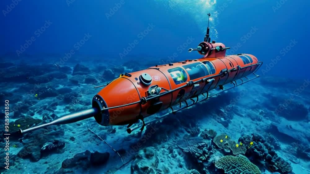 A bright orange submarine exploring underwater landscapes and marine life. A bright orange submarine exploring underwater landscapes and marine life.