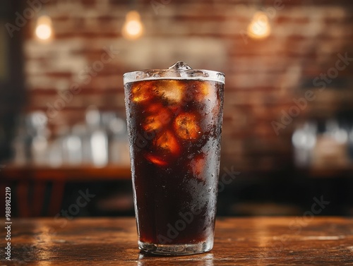 Condensation-Covered Glass of Iced Americano Set Against Brick Wall in Moody Industrial Cafe