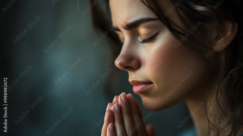 A woman with closed eyes and hands clasped in prayer during a moment of reflection in a serene indoor setting A woman with closed eyes and hands clasped in prayer during a moment of reflection in a serene indoor setting