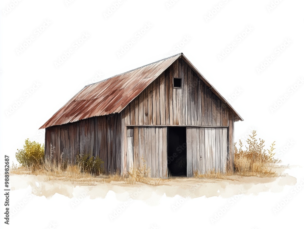 Rustic wooden barn with a weathered roof, surrounded by dry grass, white isolate background. Rustic wooden barn with a weathered roof, surrounded by dry grass, white isolate background.