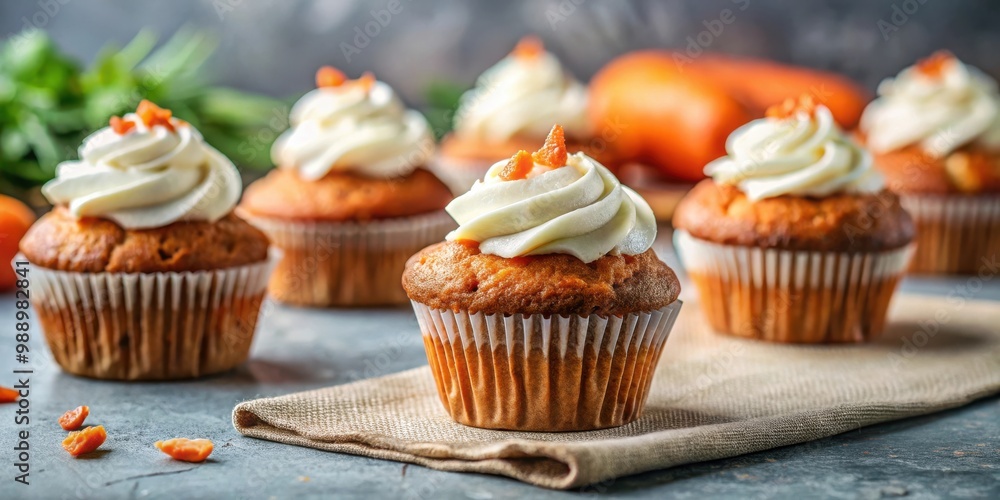 Homemade carrot cake muffins with delicious cream cheese frosting on a blurred background with copy space Homemade carrot cake muffins with delicious cream cheese frosting on a blurred background with copy space