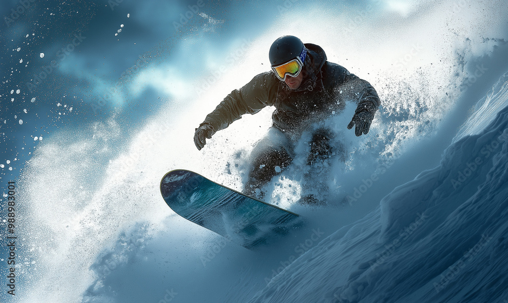 Fototapeta premium Snowboard - mężczyzna zjeżdżający z góry na desce snowboardowej.