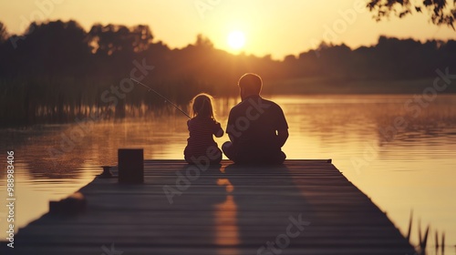 A father and daughter are fishing on a dock during a sunset.