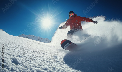 Mężczyzna w czerwonej kurtce zjeżdżający ze stoku na snowboardzie. photo