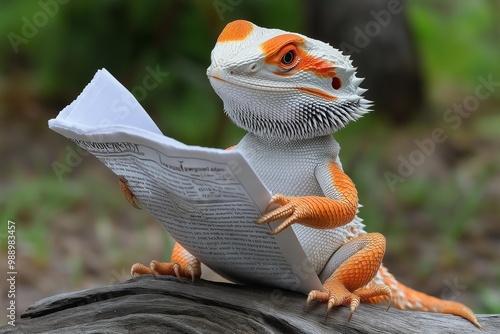 Lizard is sitting on a log and reading a book. The lizard is orange and white. The book is open to a page with a picture of a lizard on it. A bearded dragon on the tollet reading a newspaper photo