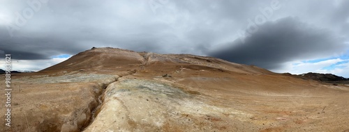 Námafjall Hverir, Reykjahlíð, Iceland - sulfuric smoker panorama landscape of geothermal zone and tourist sightseeing location photo