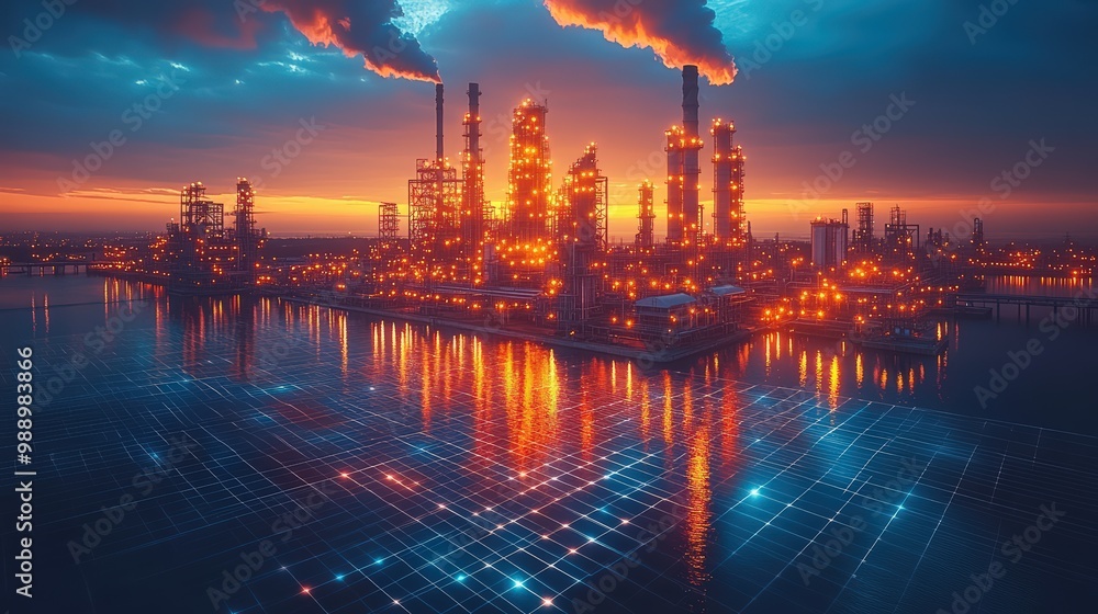 Obraz premium Oil and gas industry facility depicted in a digital format, with illuminated blue network lines linking different componen