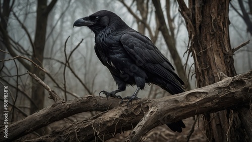 A black crow is perched on a tree branch