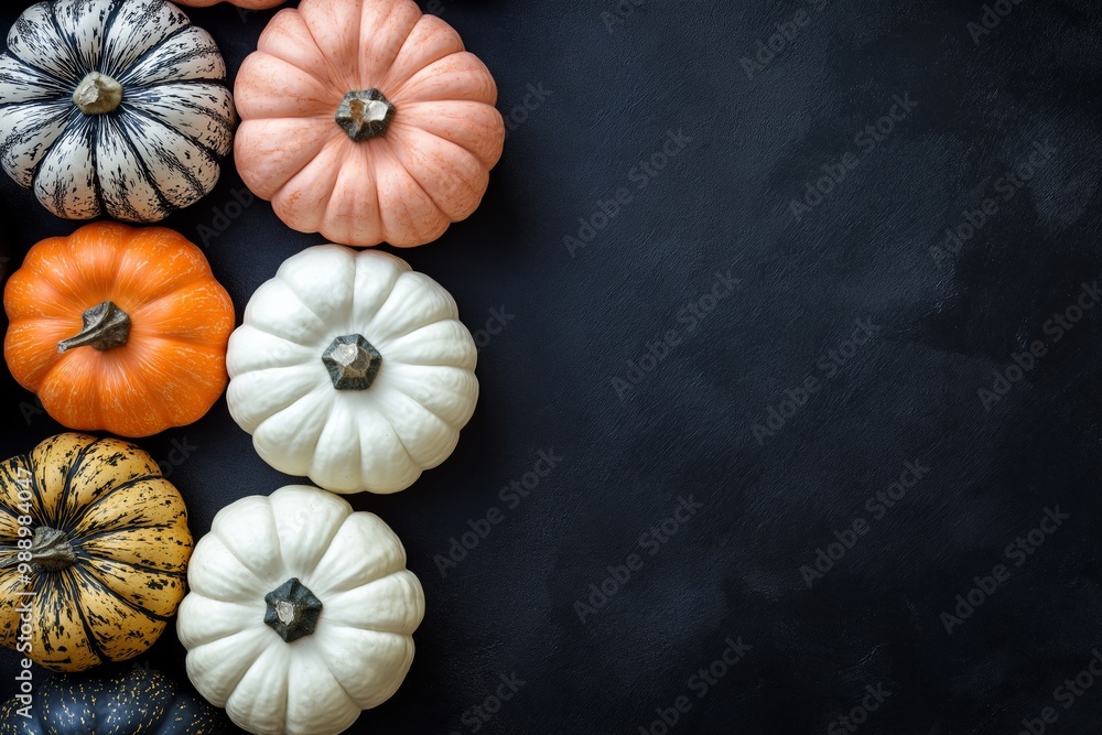 Four pumpkins of different colors are on a black background. Pumpkins are orange, white, black, and gray. minimalist flat lay of black, white, golden and pink pumpkins on an empty, black background Four pumpkins of different colors are on a black background. Pumpkins are orange, white, black, and gray. minimalist flat lay of black, white, golden and pink pumpkins on an empty, black background
