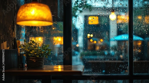 A cozy cafe window with raindrops streaking the glass, warm light from inside contrasting with the cool rainy weather outside.