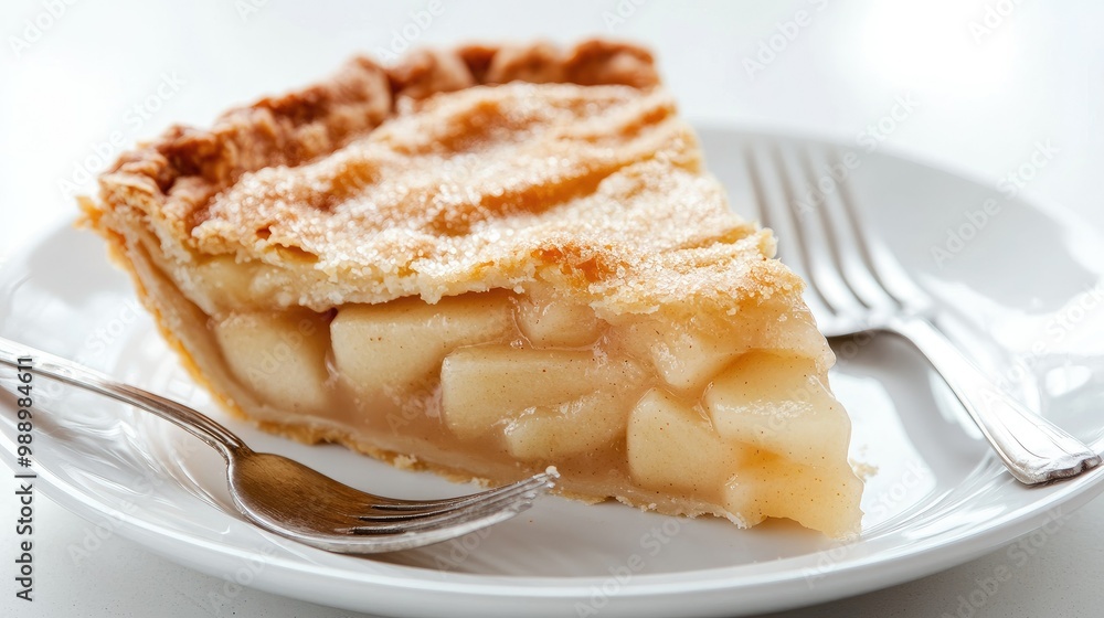 A delicious slice of apple pie on a white plate, with a golden-brown crust and a fork placed beside it, isolated on a white background. A delicious slice of apple pie on a white plate, with a golden-brown crust and a fork placed beside it, isolated on a white background.