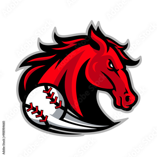 Red Horse Mascot Holding Baseball, Sport Logo Design.