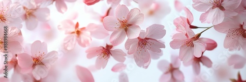 A soft pastel pattern of cherry blossoms, with delicate pink petals scattered across a white background photo