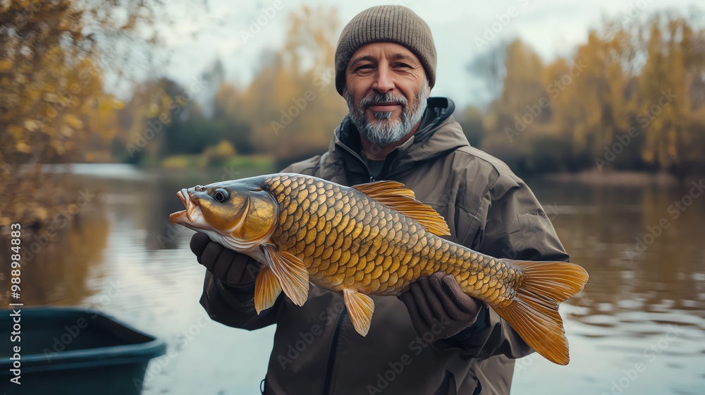 A smiling man holds up a large fish caught while fishing. A smiling man holds up a large fish caught while fishing.