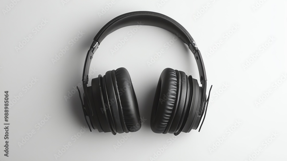 A pair of black headphones on a white background. A pair of black headphones on a white background.