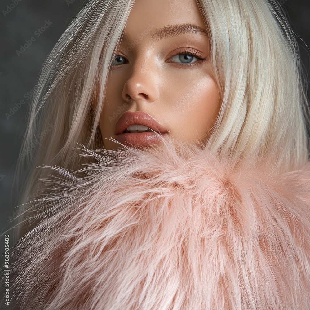 Beautiful fashion model wearing a pink fur coat, with platinum blonde hair, against a grey background. Beautiful fashion model wearing a pink fur coat, with platinum blonde hair, against a grey background.