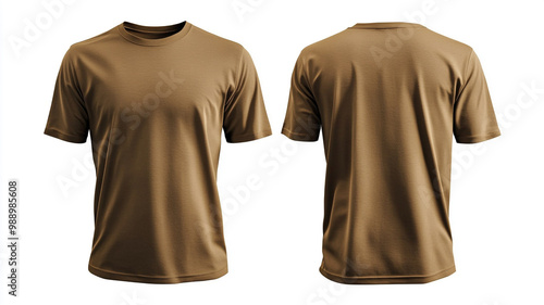 brown t shirt front and back view, isolated on white background
