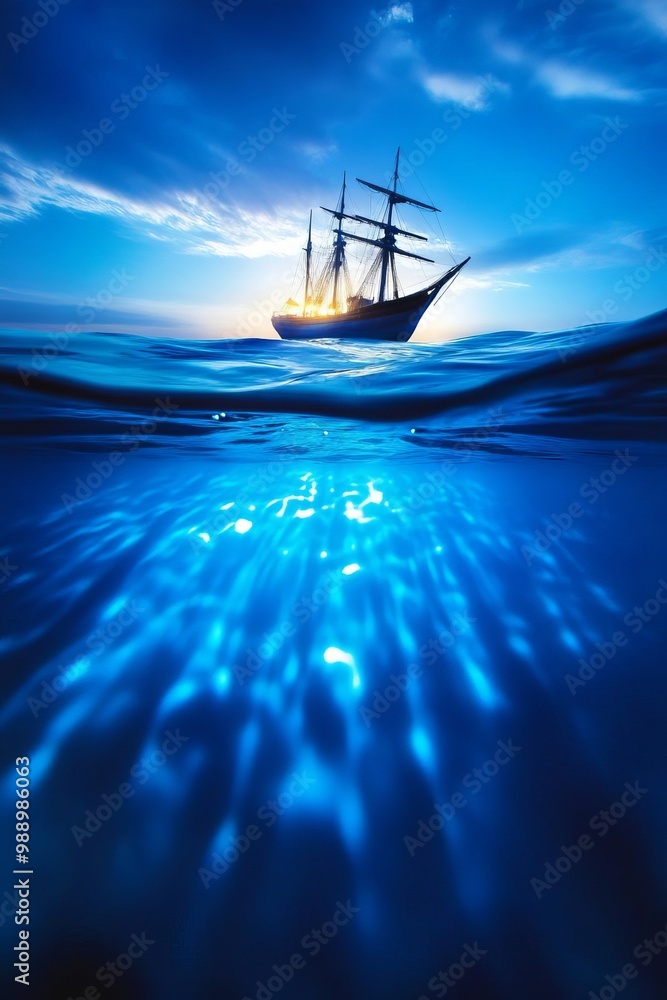 Obraz premium Sailing ship silhouetted against a vibrant blue ocean sunset.